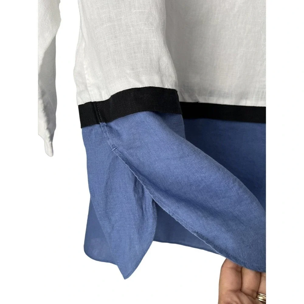 J. Jill Love Linen Womens 3/4 Sleeve Color Block Linen Tunic Top Sz M White Blue